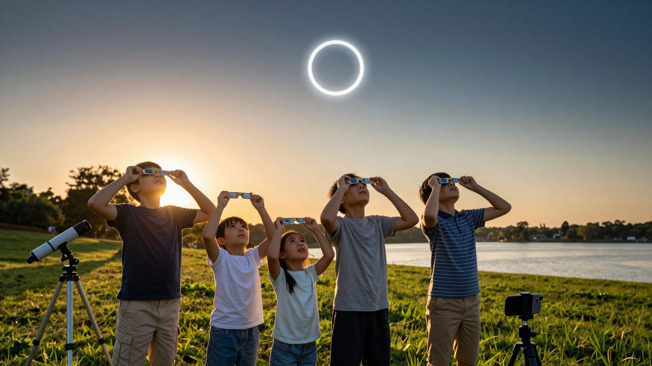 Kinder beobachten eine Sonnenfinsternis mit speziellen Brillen am Seeufer. Ein Teleskop steht im Vordergrund.