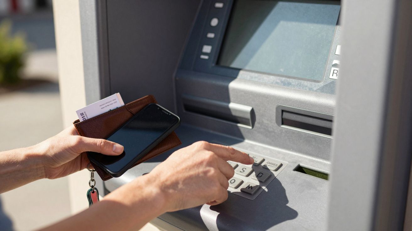 Person tippt auf einen Geldautomaten, hält ein Handy und eine Geldbörse mit Karte in der anderen Hand.