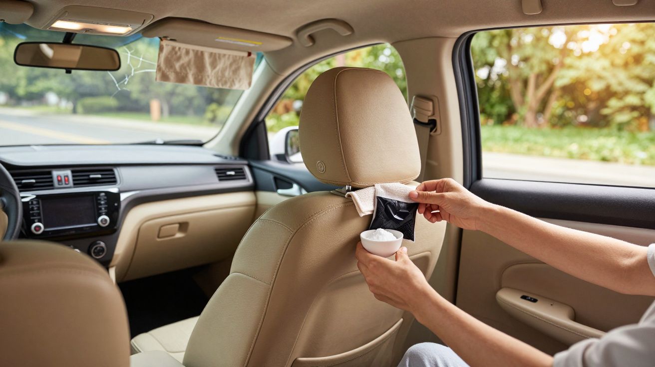 Person im Auto steckt Müll in Tasche am Vordersitz, grüne Bäume im Hintergrund.