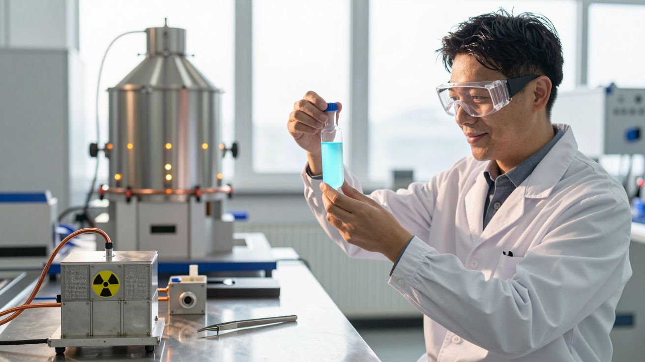 Wissenschaftler im Labor untersucht eine blaue Flüssigkeit in einem Reagenzglas, umgeben von Laborgeräten.