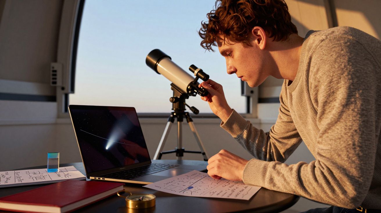 Mann studiert mit Teleskop und Laptop in Observatorium, analysiert Notizen auf Tisch.