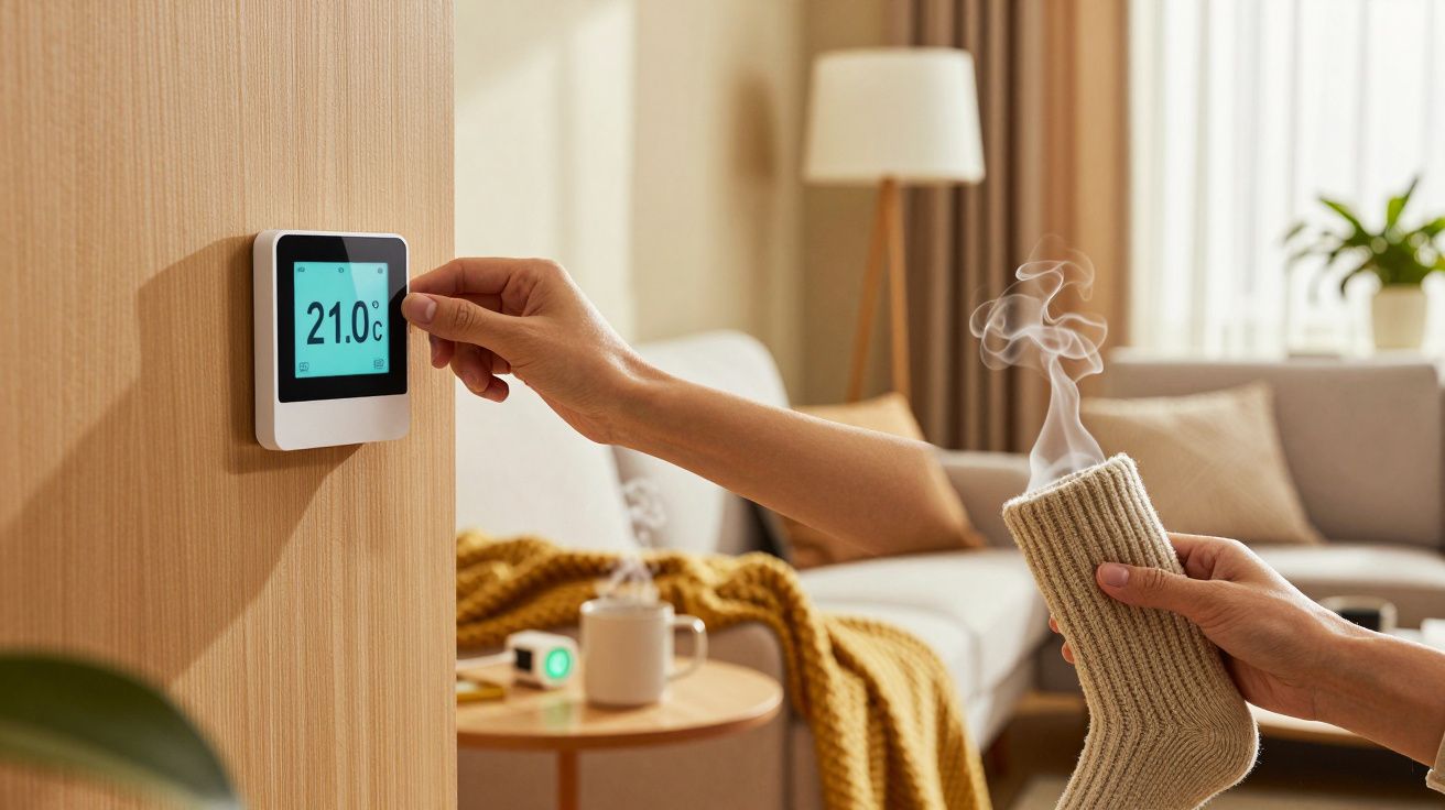 Person stellt Thermostat auf 21°C ein, während auf einem Sofa ein dampfender Strumpf in der Hand gehalten wird.