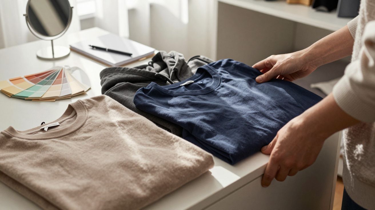 Person legt Kleidung auf Tisch, daneben Farbpalette und Notizbuch.