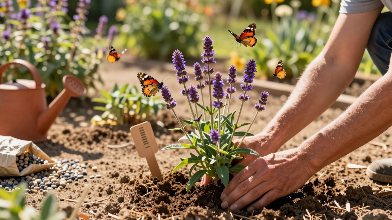 Gärtner pflanzt Lavendel im Sonnenlicht, mit Schmetterlingen umgeben.