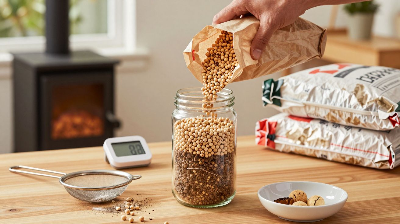 Hand füllt Glas mit Saatgut auf Holztisch neben Sieb, Keksen und Hygrometer. Heizofen im Hintergrund.
