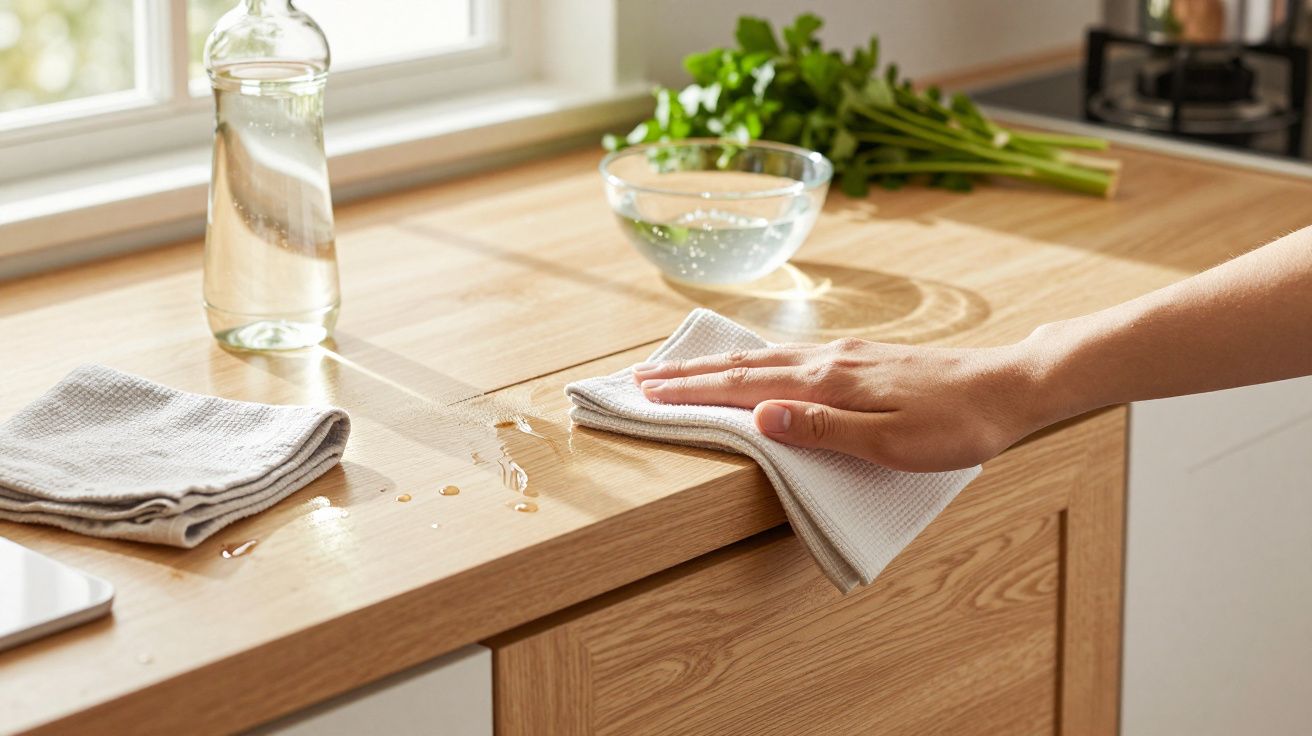 Hand wischt mit Tuch Flüssigkeit von einer Küchenarbeitsplatte, Glas Wasser und Petersilie im Hintergrund.