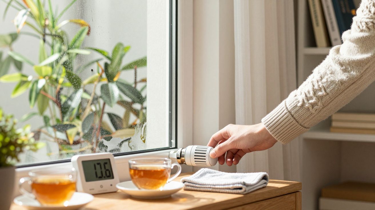 Hand dreht Heizungsregler neben Fenster mit Teetassen und Thermometer, zeigt 17,6°C, Pflanze draußen im Hintergrund.