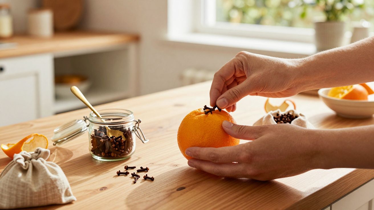 Hände stecken Nelken in eine Orange auf einem Holztisch mit Nelkenglas und Orangenschalen im Hintergrund.