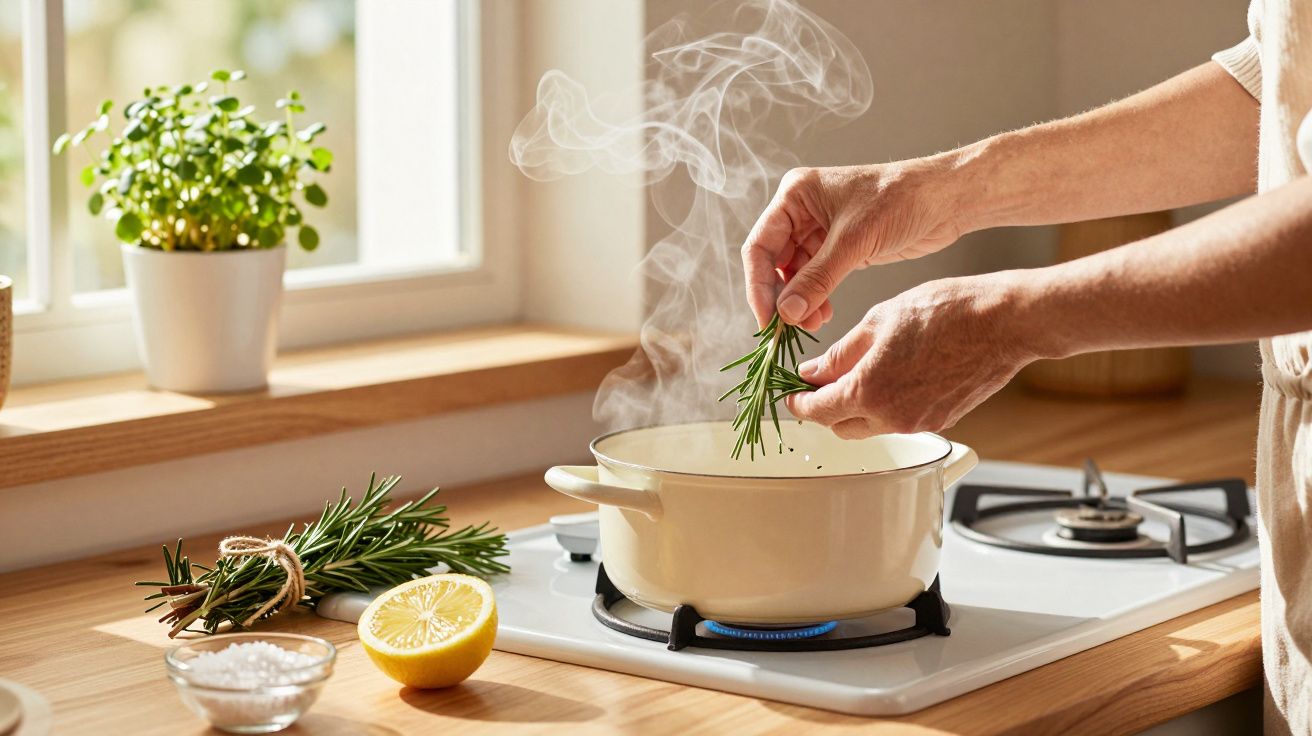 Person gibt frischen Rosmarin in einen dampfenden Topf auf einem Herd. Im Hintergrund Kräuterpflanze und Zitrone.