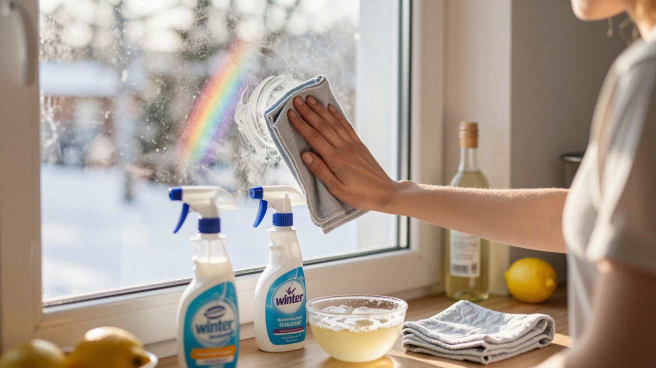 Person reinigt Fenster mit Putztuch, Reinigungsmittel und Zitrone; Regenbogenreflexion auf der Glasscheibe sichtbar.