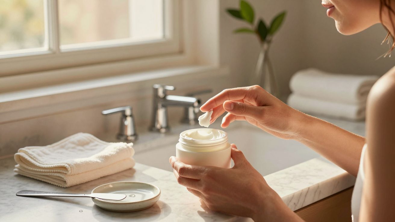 Person entnimmt Creme aus einem Tiegel im Badezimmer neben einem Fenster, mit Handtüchern und Pflanzen im Hintergrund.