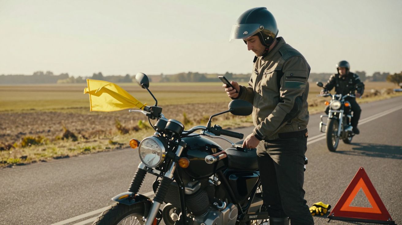 Motorradfahrer mit Helm schaut auf Handy neben geparktem Motorrad, Warndreieck und gelbe Flagge auf der Landstraße.