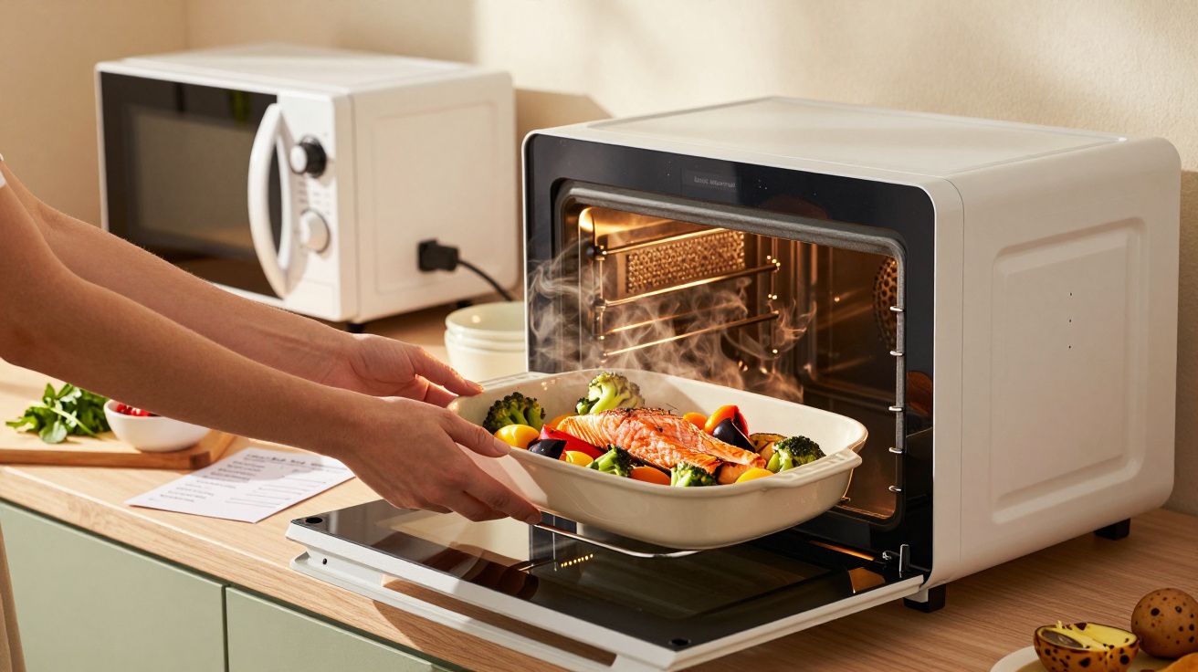 Person legt Ofengericht mit Lachs und Gemüse in Mini-Backofen auf Küchenarbeitsplatte.