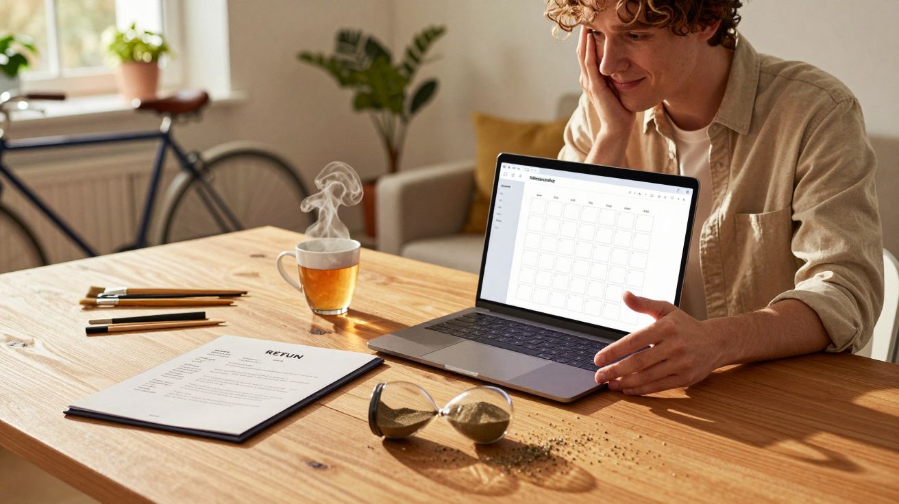 Junger Mann arbeitet zuhause an Laptop, Kaffeetasse und Sanduhr auf Holztisch, Fahrrad im Hintergrund.