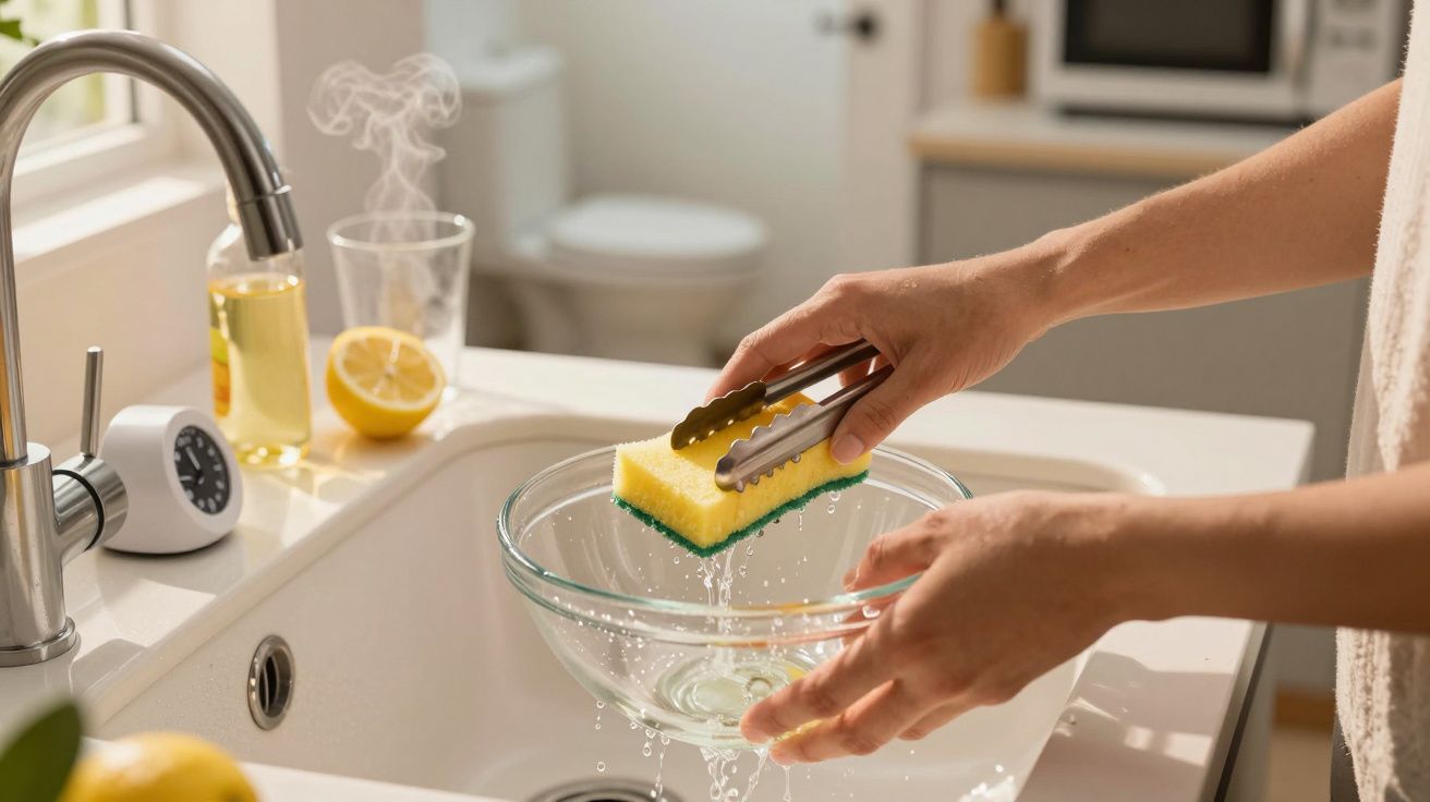 Hände, die eine Schüssel mit einem Schwamm abspülen, daneben Zitrone, Ölflasche und Küchentimer auf der Arbeitsplatte.