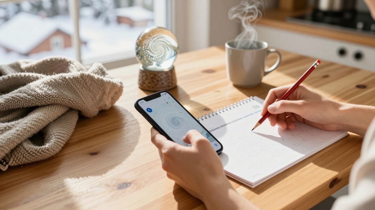 Person schreibt in ein Notizbuch, hält ein Smartphone; auf dem Tisch ein Pullover, eine Tasse und eine Kristallkugel.
