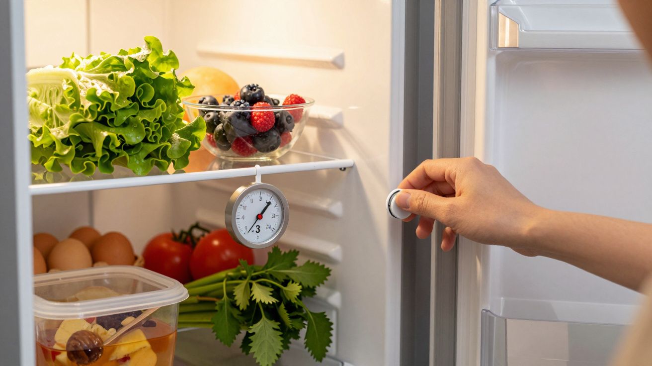 Hand stellt Temperatur am Kühlschrank ein, innen Gemüse, Obst und ein Thermometer.