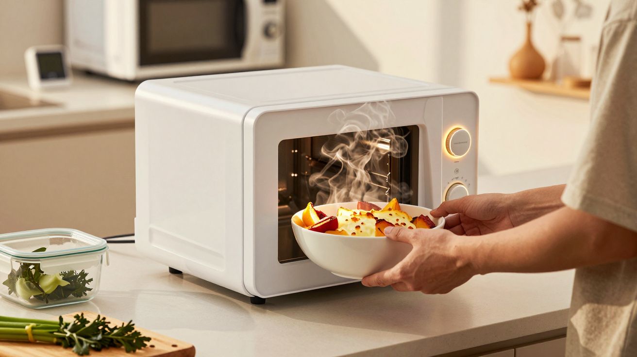 Person nimmt dampfende Schüssel voller Essen aus der Mikrowelle in einer modernen Küche.