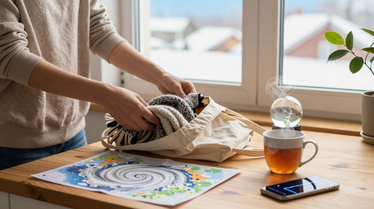 Person packt warmen Pullover in Tasche, vor Weltkarte, dampfender Tasse und Smartphone auf Holztisch am Fenster.