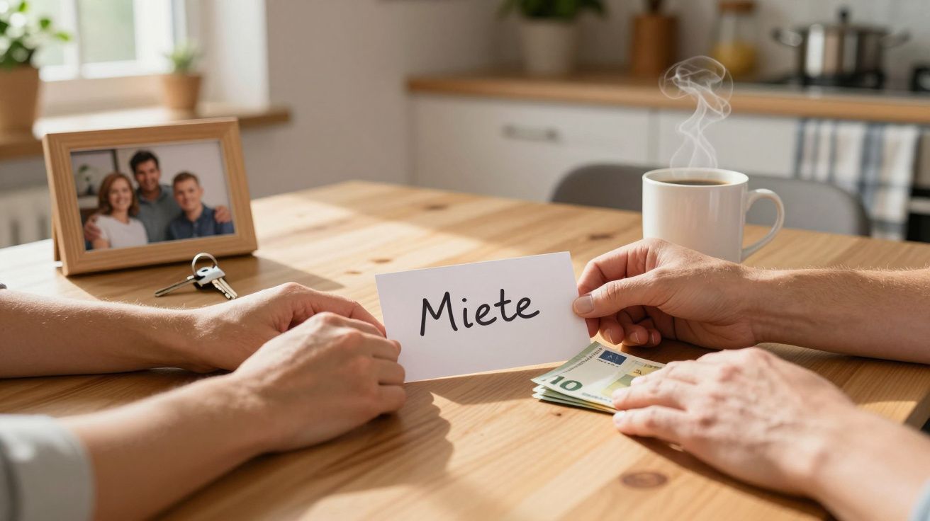 Hände halten Zettel mit "Miete", daneben Euro-Banknoten auf Tisch mit Familienfoto und dampfender Tasse im Hintergrund.