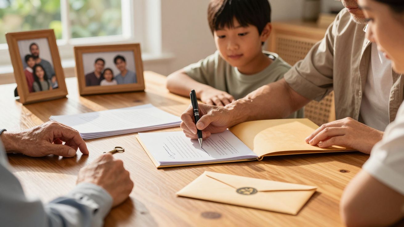 Familientreffen am Tisch: Erwachsene unterschreiben Dokumente, während ein Kind zuschaut. Rahmenfotos im Hintergrund.