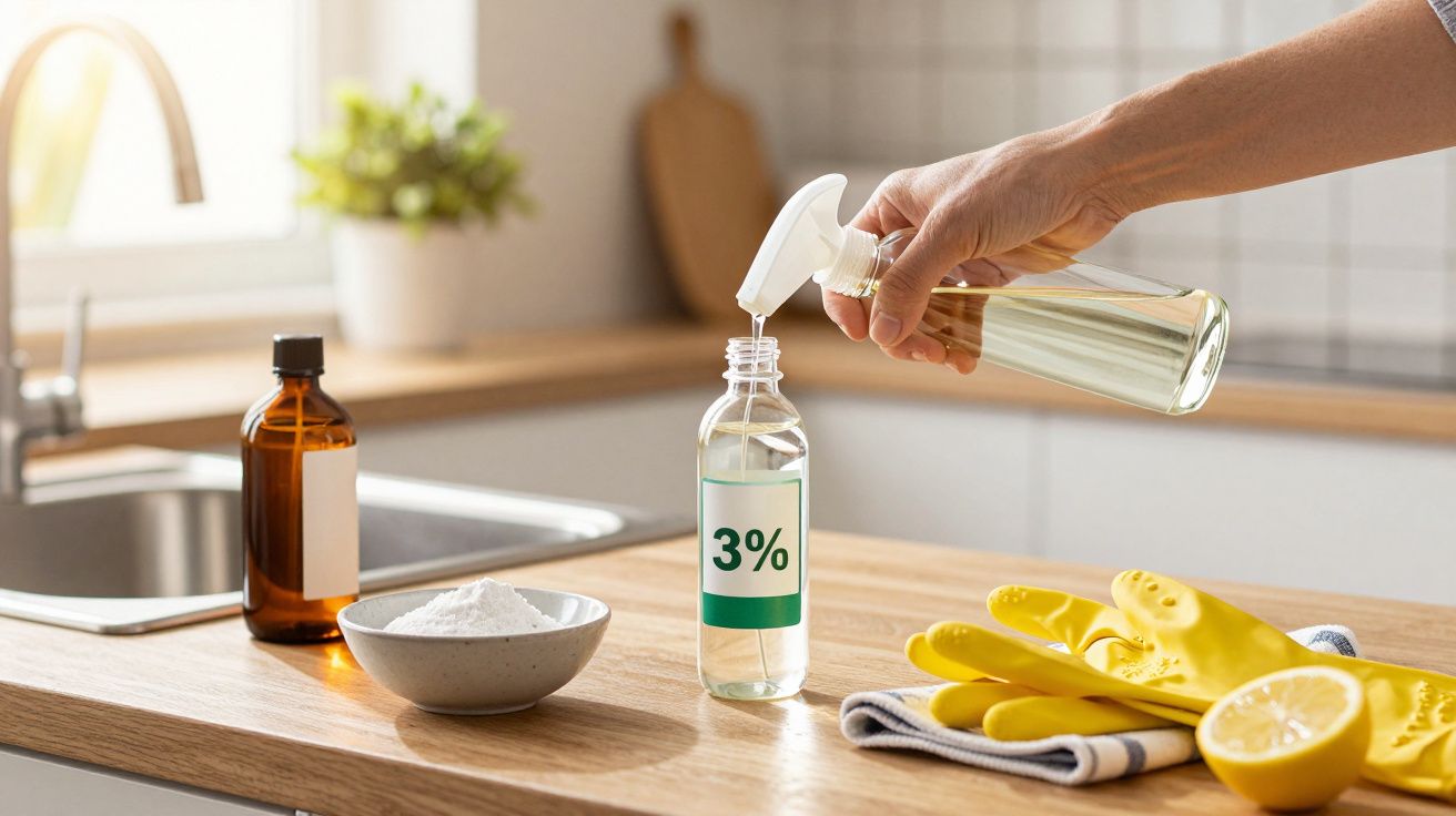 Hand füllt Sprühflasche mit 3%iger Lösung in Küche. Daneben Schüssel, Flasche, Gummihandschuhe und Zitronenhälfte.