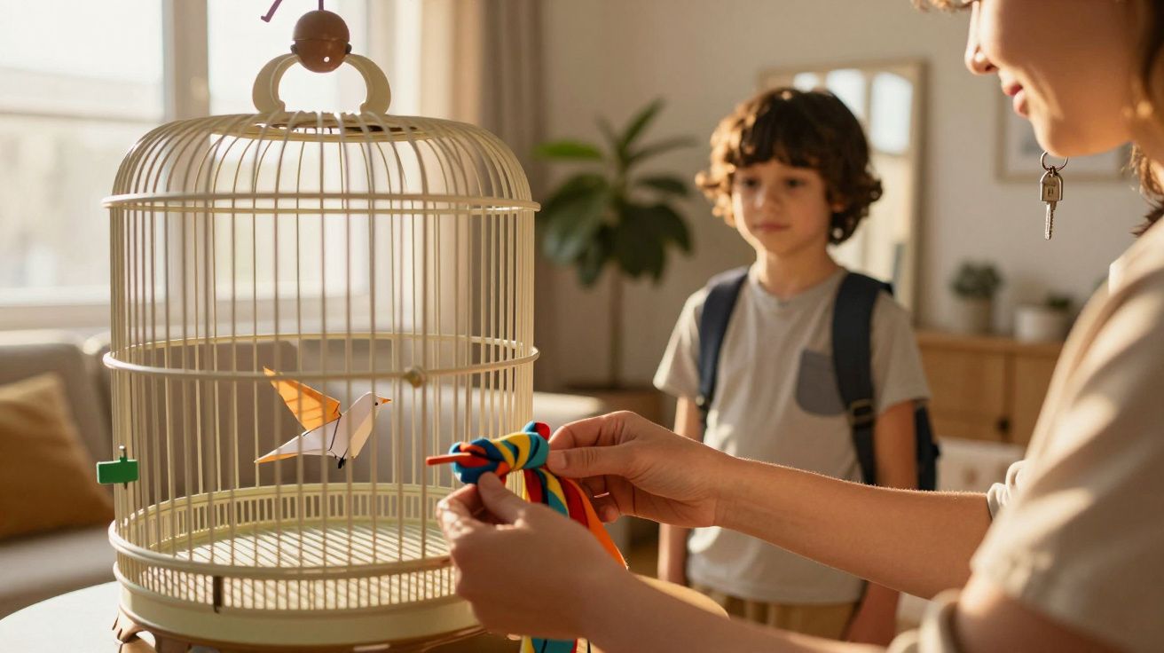 Frau dekoriert Vogelkäfig mit bunten Bändern, Junge schaut zu, im sonnigen Wohnzimmer.