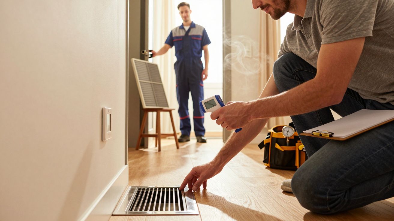 Mann misst Temperatur eines Lüftungsschachts, während ein Arbeiter im Hintergrund mit einem Luftfilterrahmen steht.