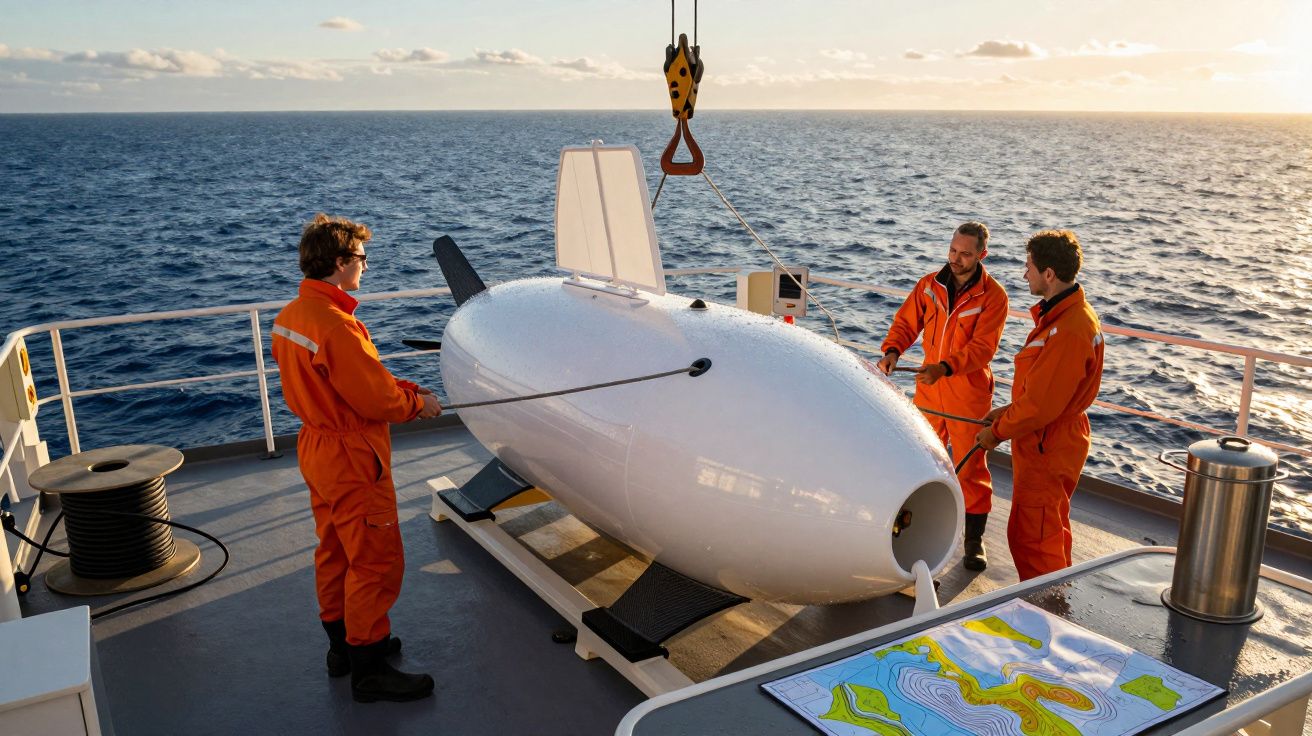 Drei Personen in orangefarbener Arbeitskleidung bereiten ein großes, weißes U-Boot auf einem Schiff für den Einsatz vor.