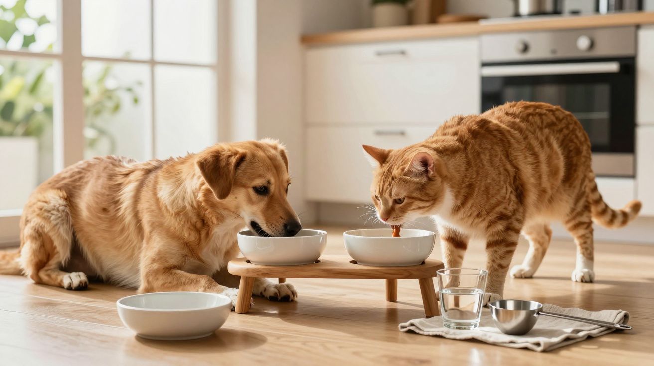 Hund und Katze fressen aus Näpfen in einer modernen Küche. Hund liegt, Katze steht. Im Hintergrund Küchenschränke.