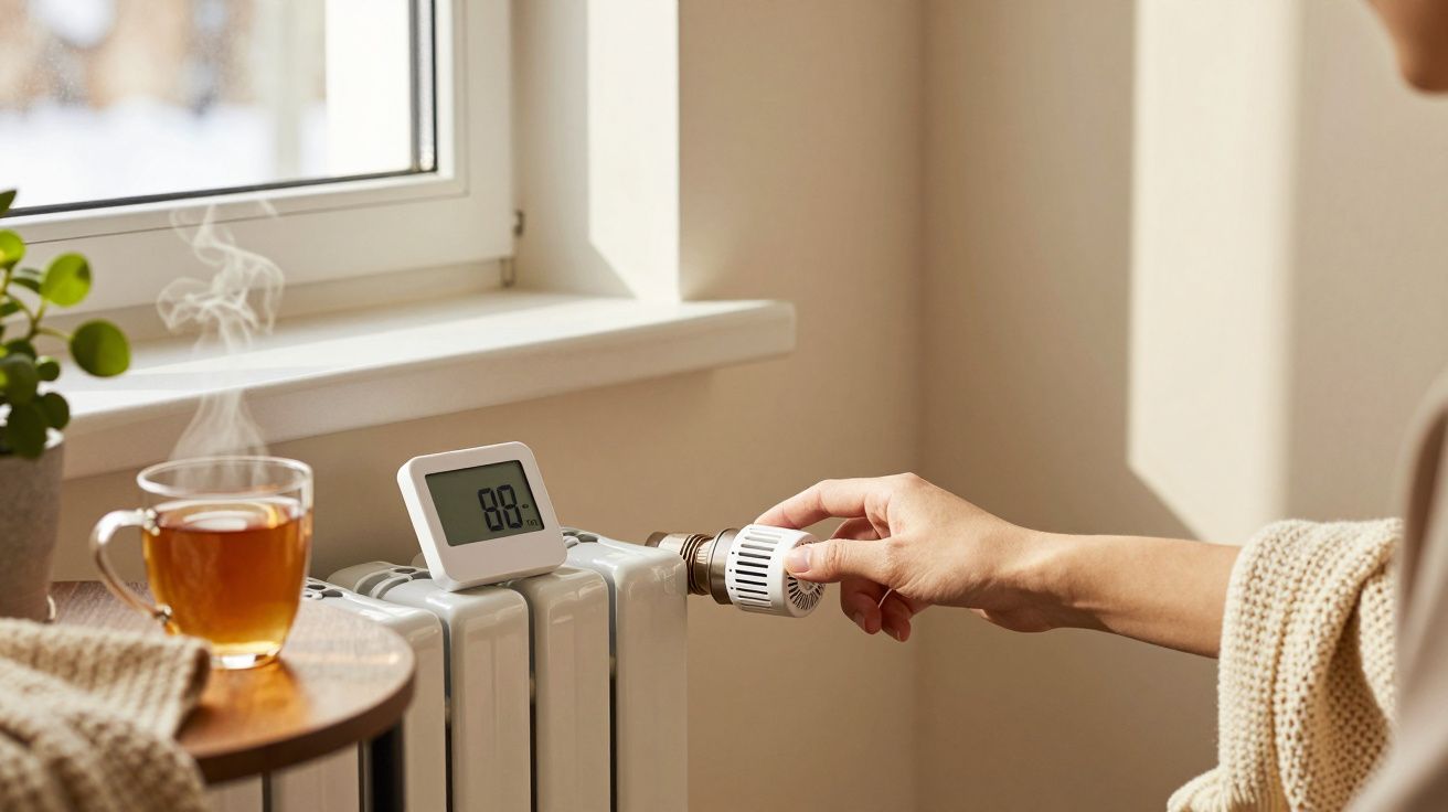 Eine Hand dreht an einem Heizungsregler, während eine Tasse Tee auf dem Tisch dampft, neben einem Fenster.
