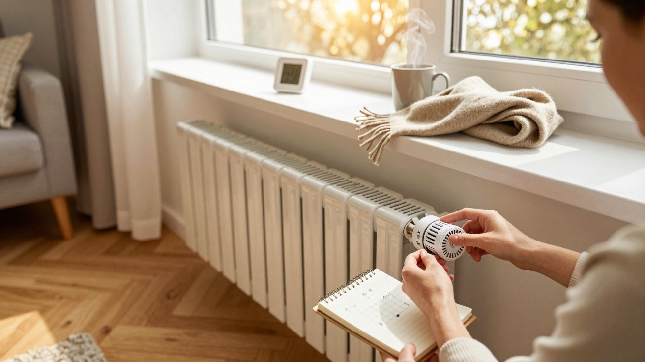 Person reguliert Heizkörper in gemütlichem Raum mit Notizblock in der Hand. Fenstersims mit Decke und warmem Licht.