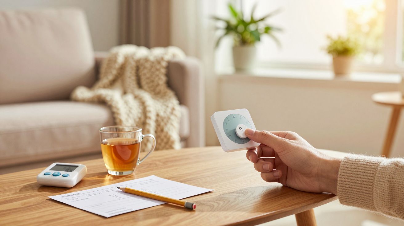 Hand hält Thermostat im Wohnzimmer, Tisch mit Tee, Stift und Dokumenten; Sofa im Hintergrund.