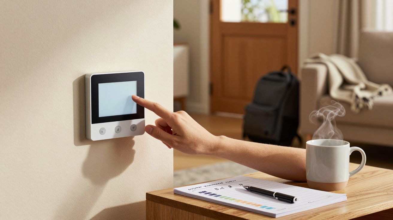 Hand bedient Thermostat an Wand, daneben ein Tisch mit Notizblock, Stift und dampfender Tasse, Sofa im Hintergrund.