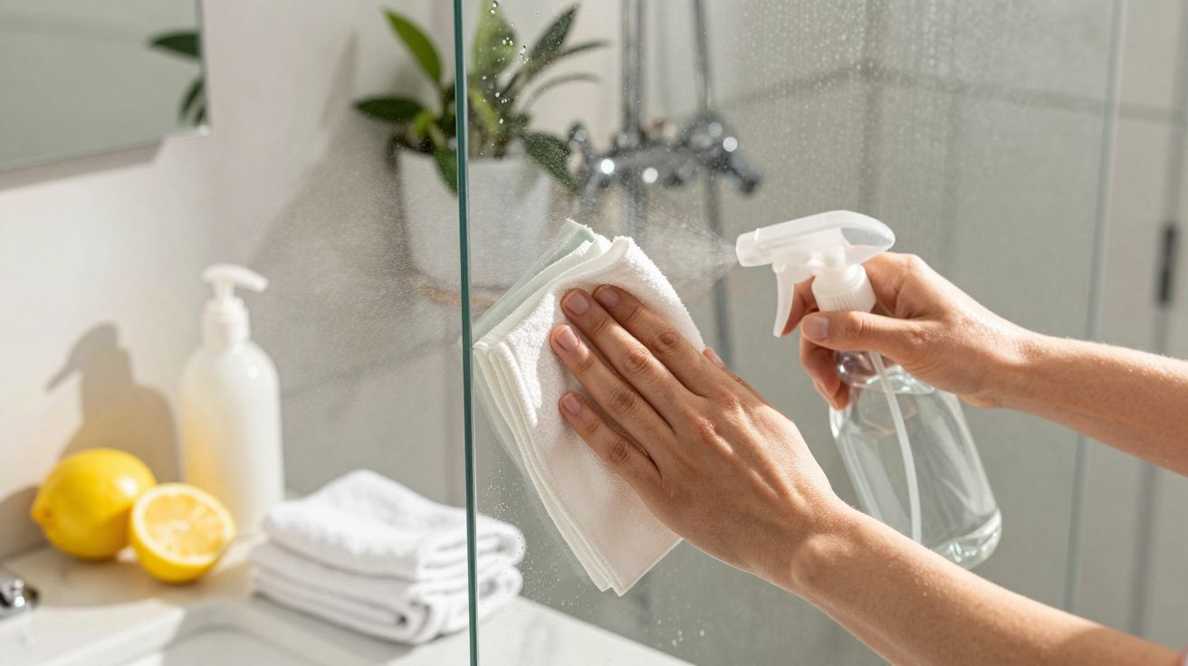 Hände reinigen Glasduschkabine mit Spray und Tuch in Badezimmer, Zitronen und Handtuch im Hintergrund.