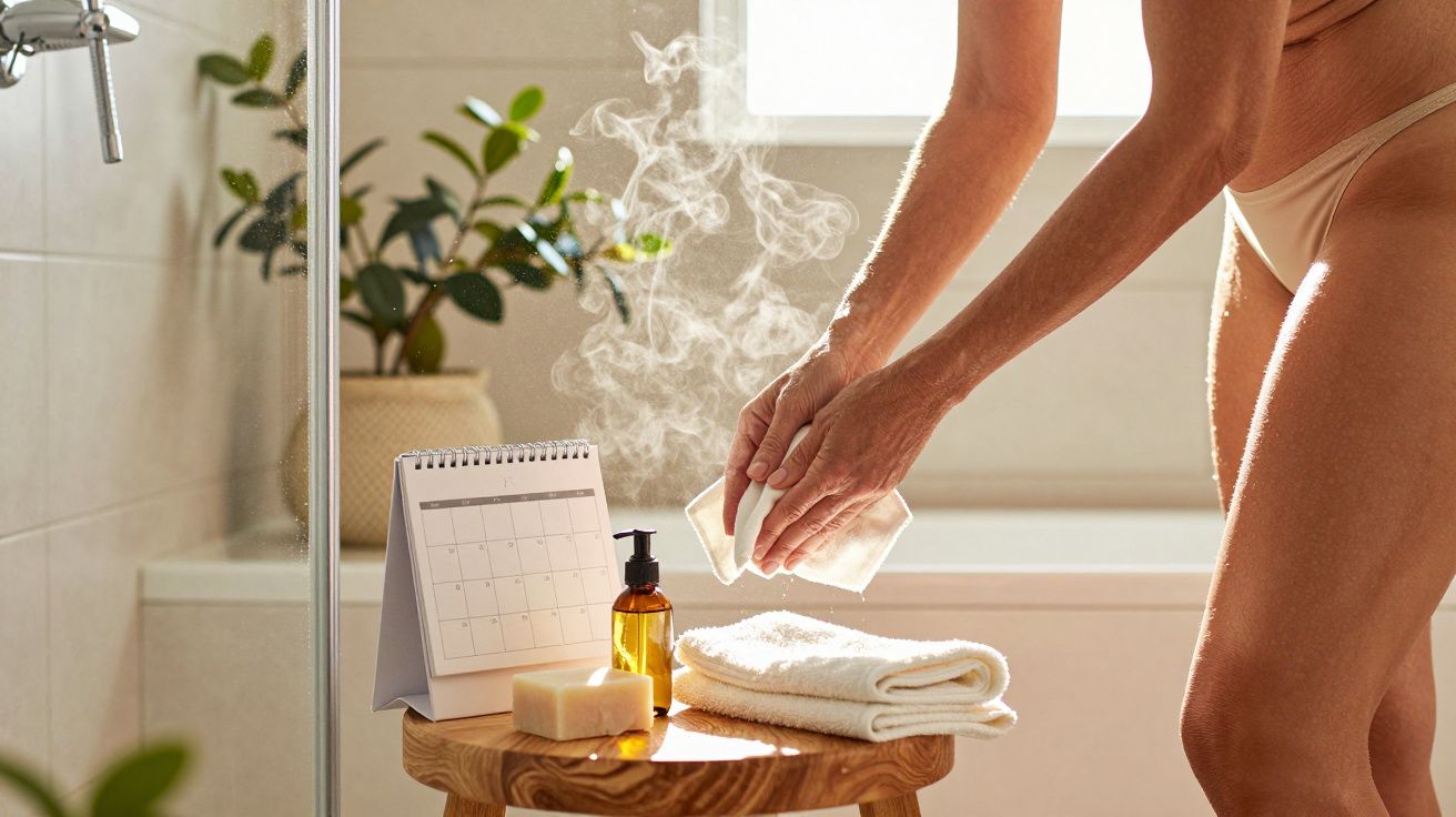 Person in einem Badezimmer mit Dampf, hält ein Tuch über Holzstuhl mit Handtuch, Seife, Flasche und Kalender.