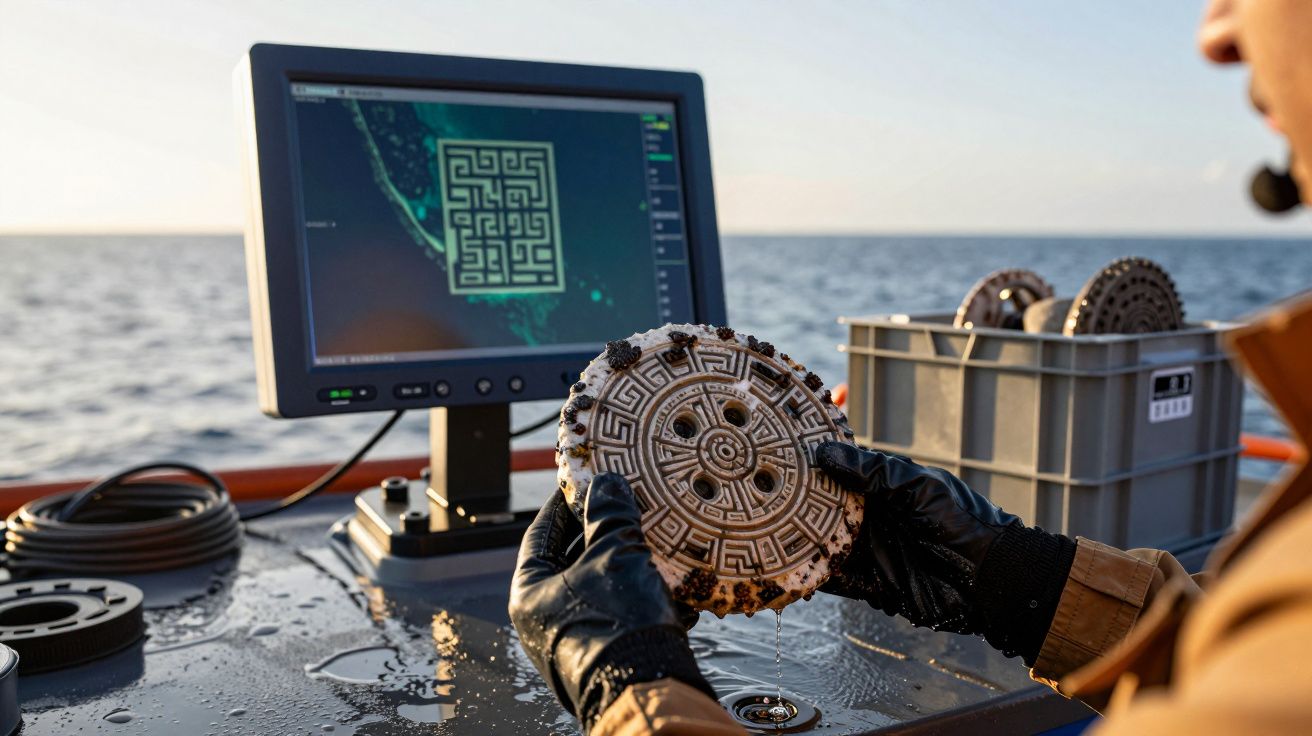 Person hält altes Artefakt mit komplexem Muster vor einem Monitor, der ein ähnliches Muster anzeigt, im Freien bei Sonnenunte