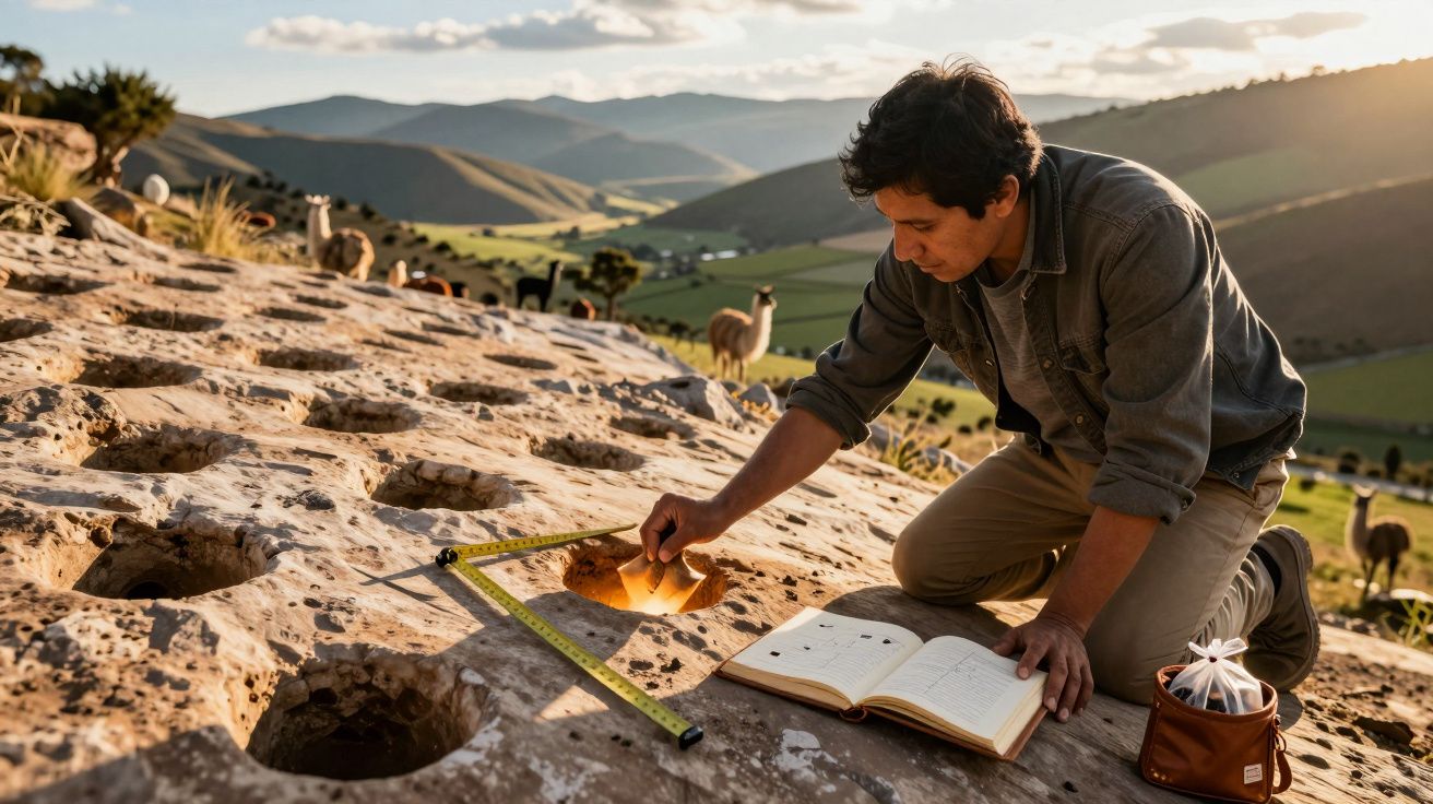 Ein Mann untersucht in einer hügeligen Landschaft Gesteinslöcher. Lamaherde im Hintergrund.