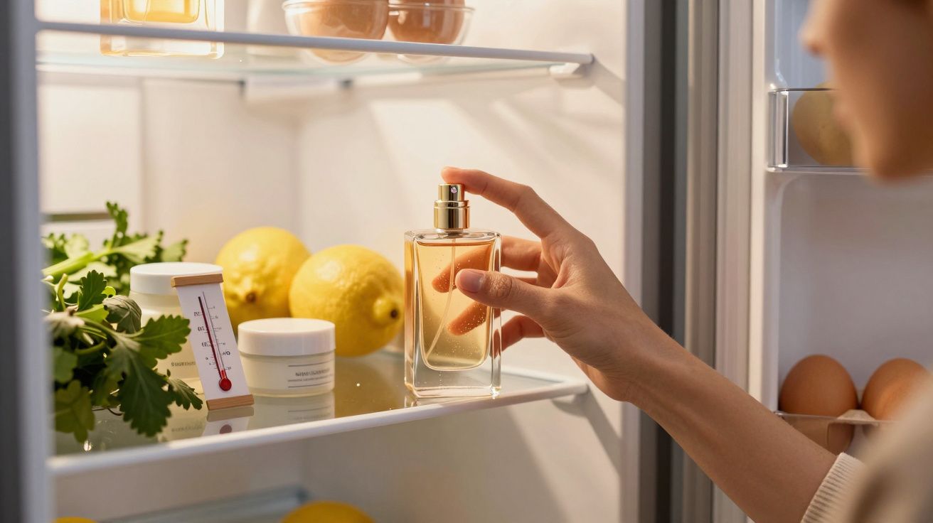 Hand nimmt Parfümflasche aus Kühlschrank, umgeben von Zitronen, Kräutern, Eiern und Cremedosen.