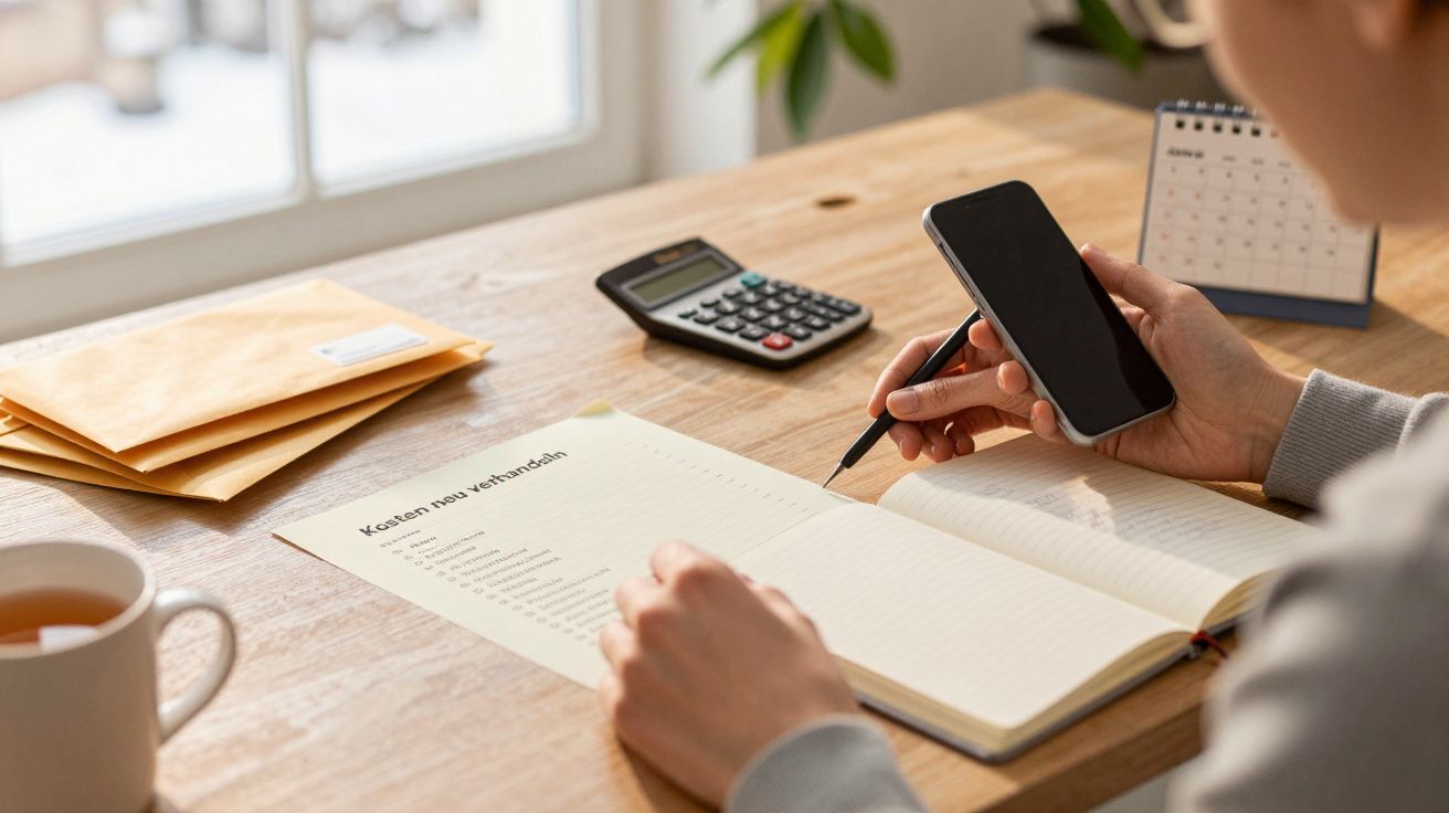 Person bei der Finanzplanung, mit Smartphone, Notizbuch, Taschenrechner und Briefen auf einem Holztisch.