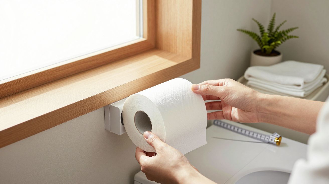 Person hängt Klopapierrolle an einen Wandhalter im Badezimmer, mit Faltmaßstab und Pflanze im Hintergrund.