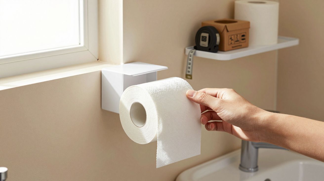 Hand greift nach Toilettenpapierrolle in einem hellen Badezimmer mit Fenster und Regal im Hintergrund.