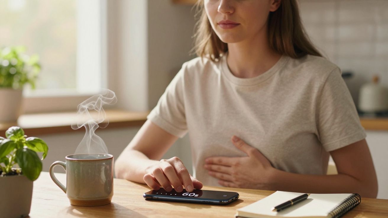 Frau sitzt am Tisch mit Handy, dampfendem Becher, Notizbuch und Pflanze, Hand auf dem Bauch.