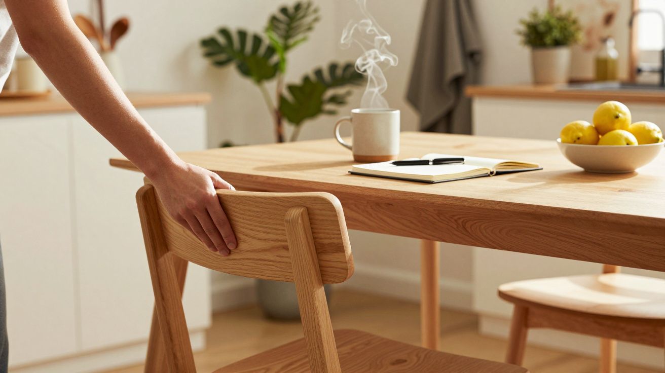 Hand zieht Stuhl vor Holztisch mit Notizbuch, Tasse und Schale mit Zitronen, im Hintergrund Pflanzen.