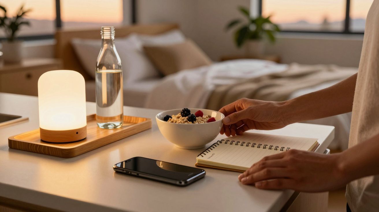 Person hält Schüssel Müsli neben Notizbuch, Handy und Lampe auf Tisch im Schlafzimmer.