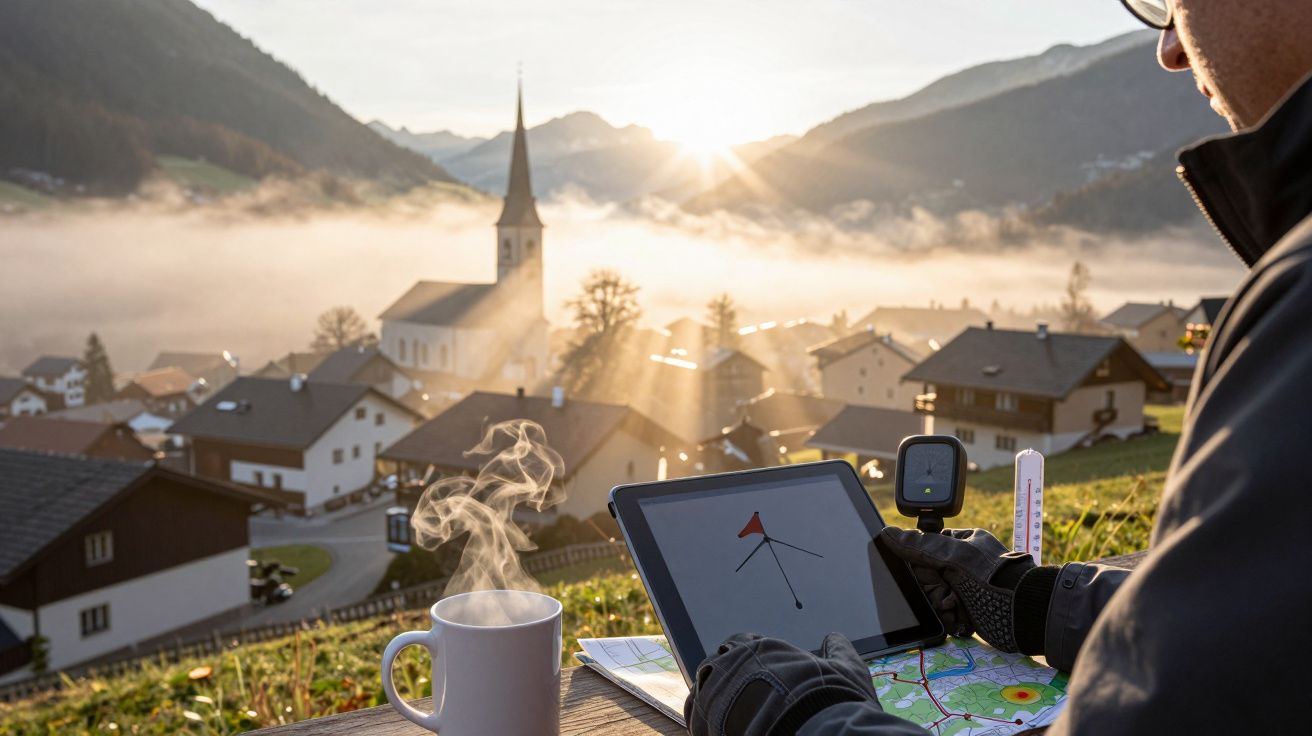 Person mit Tablet blickt auf nebeliges Alpendorf bei Sonnenaufgang, eine dampfende Tasse Kaffee steht daneben.