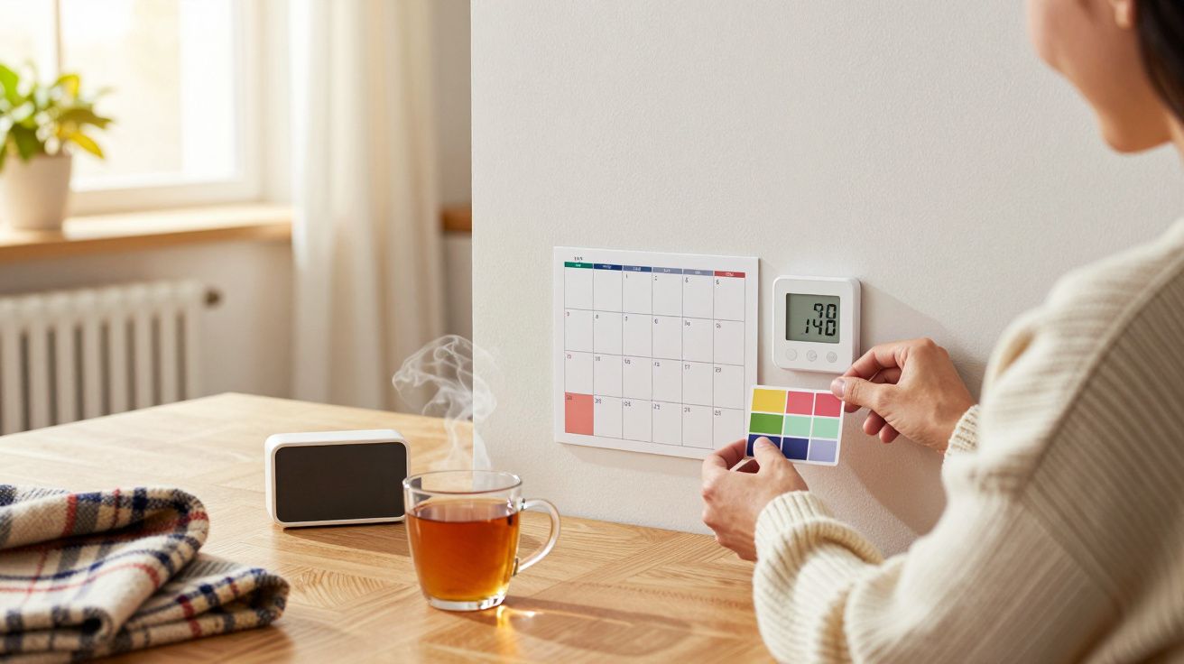 Person an Schreibtisch ordnet Wandkalender. Daneben digitale Uhr. Auf Tisch Tasse Tee, Handy und Decke.