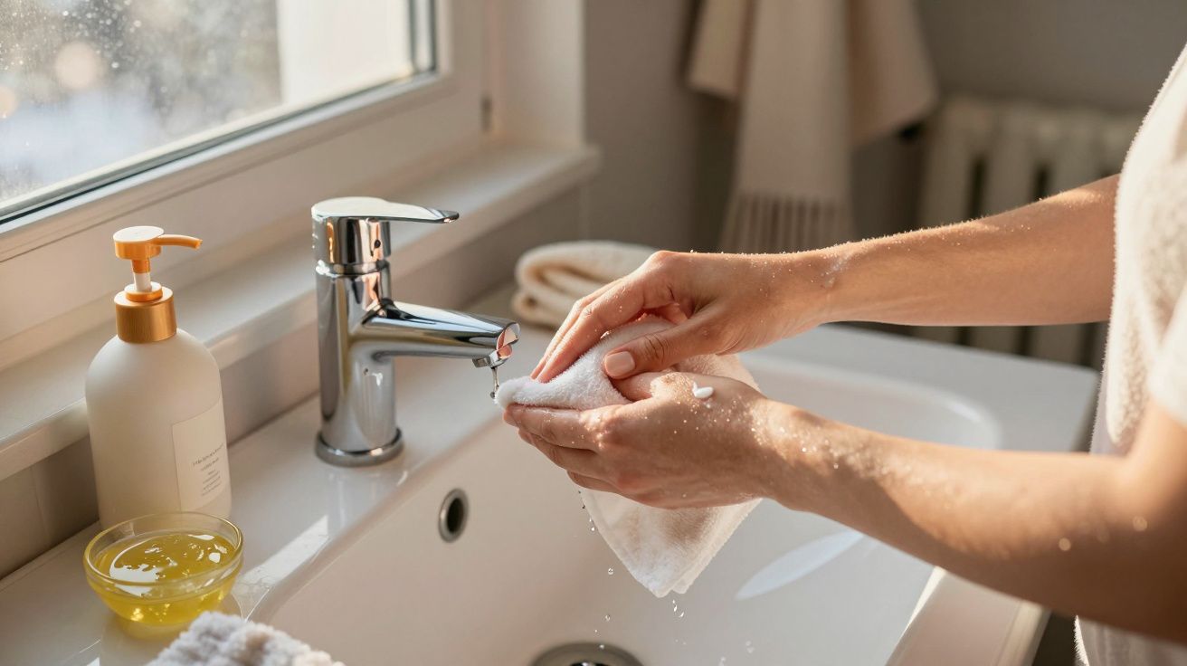 Person wäscht Hände mit Seife im Bad, Sonnenlicht fällt durchs Fenster, Handtücher im Hintergrund.