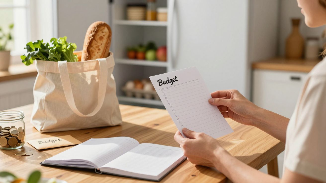 Person hält Budgetliste am Tisch mit Notizbuch, Münzen und Einkaufstasche mit Brot und Gemüse in der Küche.