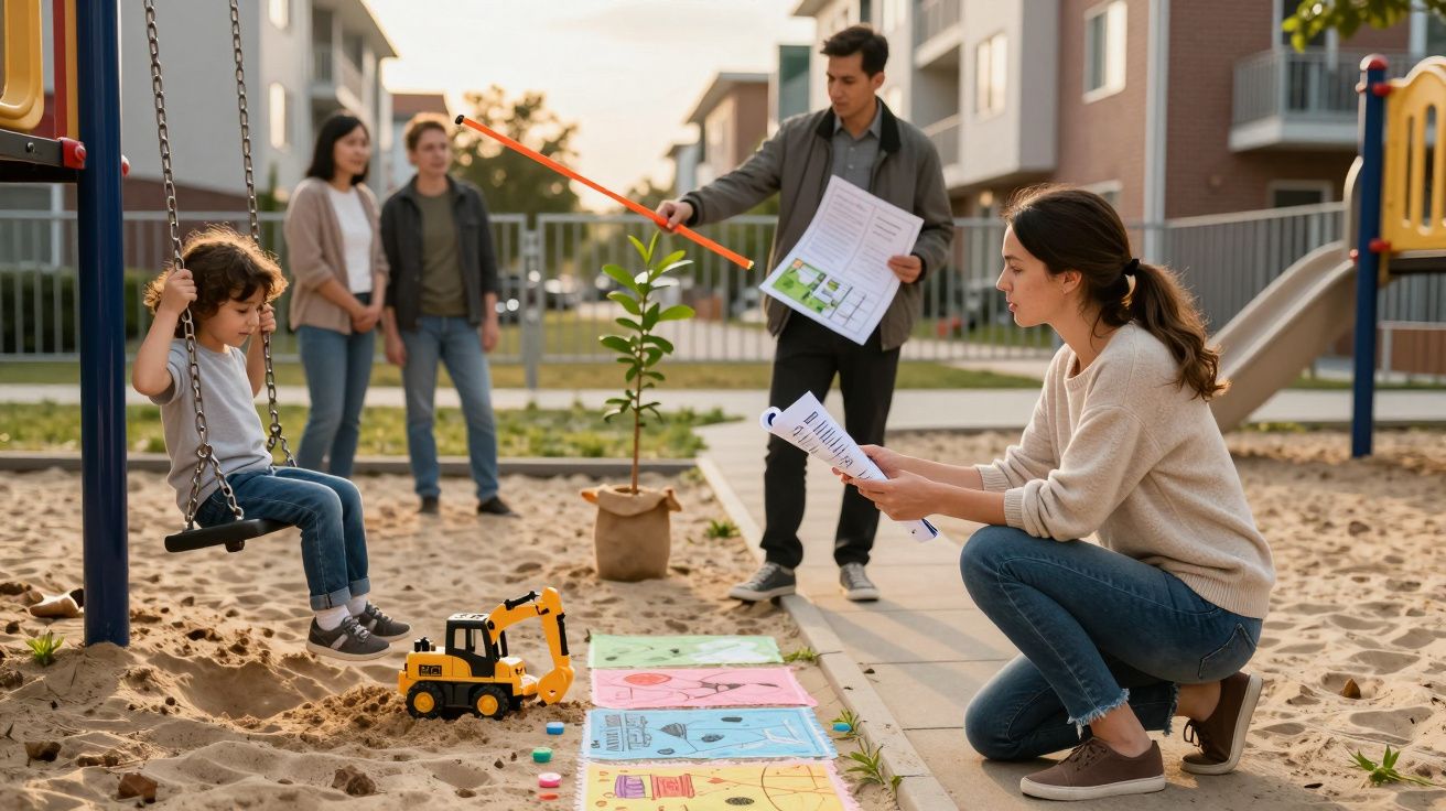 Kind auf Schaukel, im Sandkasten sitzend; Erwachsene in Hintergrund; Spielzeugbagger und bunte Karten auf Boden.